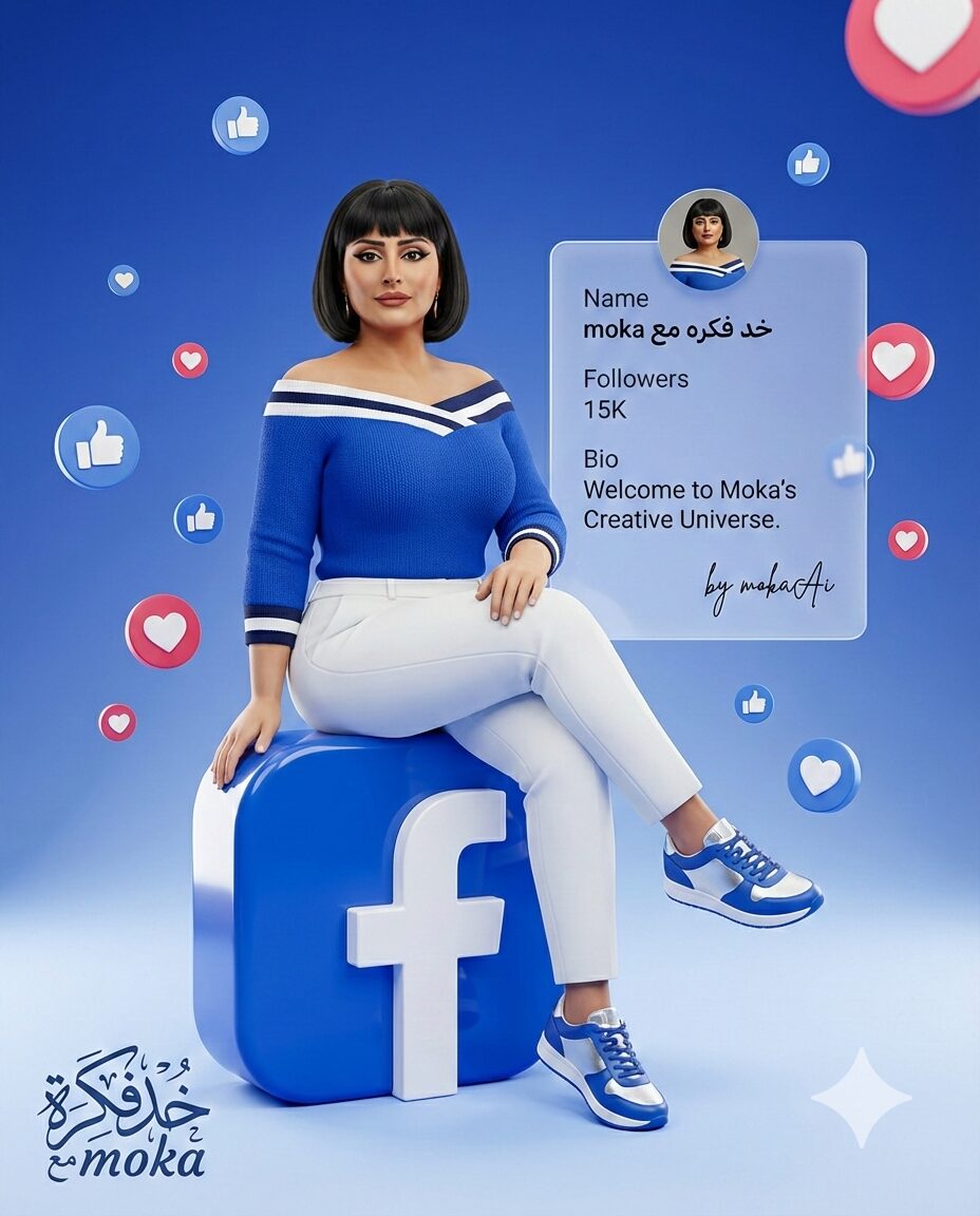 تصميم مؤثرة فيسبوك ثلاثي الأبعاد واقعي جدًا جالسة على شعار فيسبوك مع بطاقة بروفايل عائمة وزيادة تفاعلات لايك وقلوب. Title