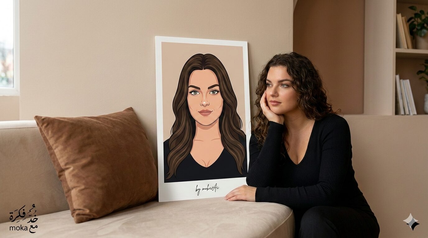 تصميم بورتريه سينمائي مع بوستر فيكتور مطابق للصورة الأصلية – برومبت احترافي 6 بورتريه سينمائي لامرأة تجلس بجانب بوستر فيكتور يحمل نفس وجهها بتصميم عصري داخل مشهد داخلي دافئ بإضاءة ناعمة.