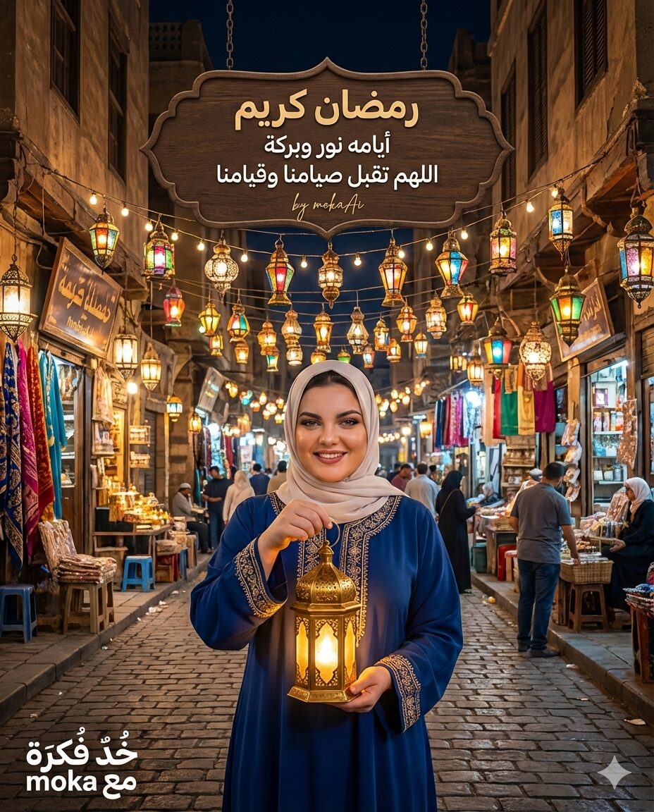 برومبت تصميم صورة رمضان في شارع رمضاني بالفانوس بالذكاء الاصطناعي 7 تصميم رمضاني واقعي لشخص يحمل فانوس رمضان داخل شارع عربي مزين بالفوانيس والزينة الرمضانية.