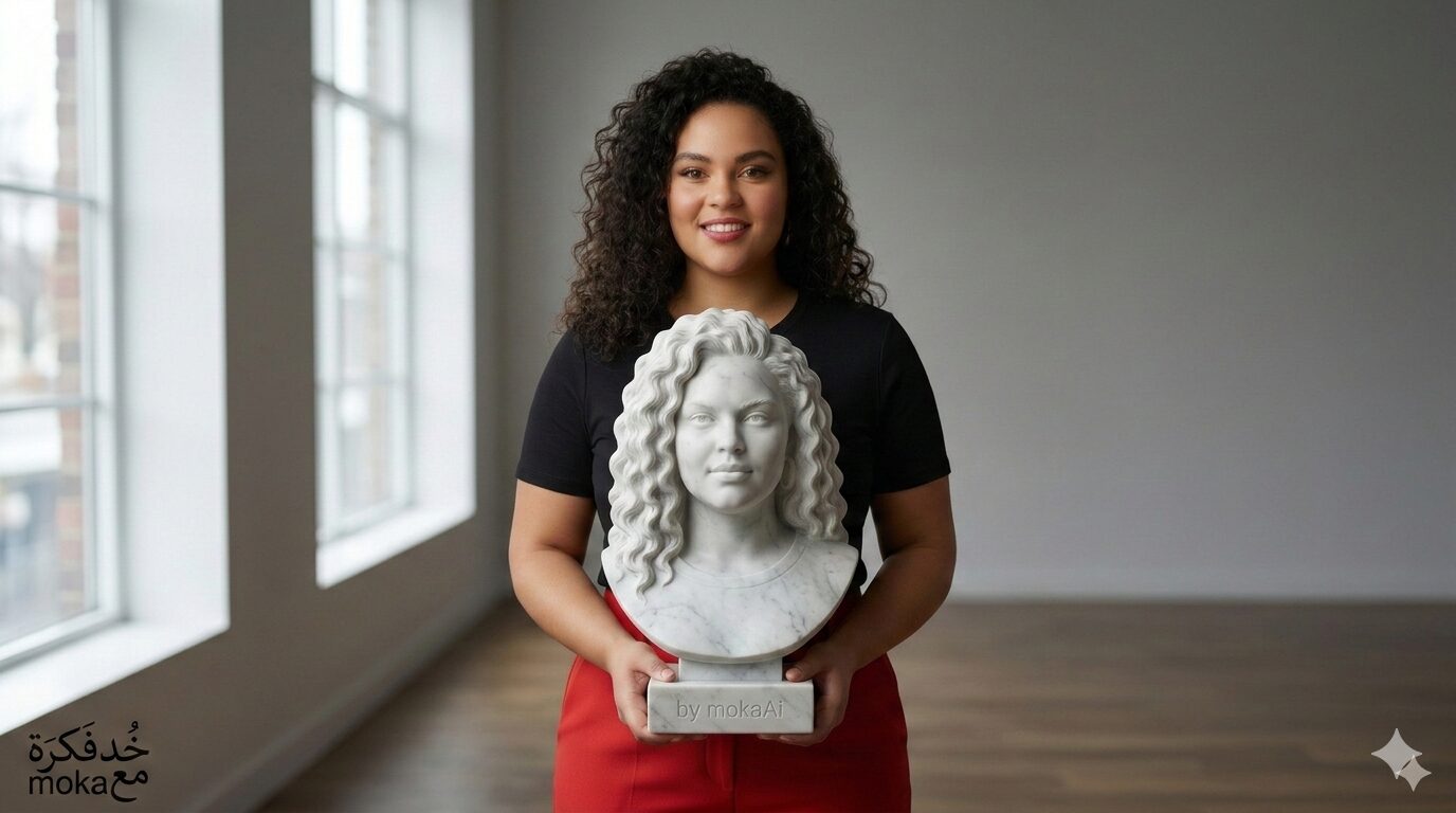 برومبت إنشاء تمثال يشبهك بالذكاء الاصطناعي | AI Self Bust Sculpture Prompt 8 صورة شخص يحمل تمثال رخامي يشبهه تم إنشاؤها باستخدام الذكاء الاصطناعي