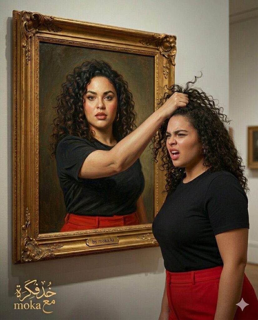 لما صورتك تخرج من اللوحة وتمسكك من شعرك! (Prompt احترافي لصورة سريالية واقعية) 3 1000704646