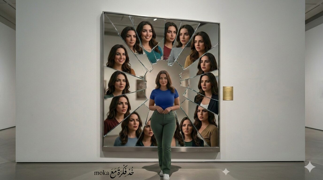 صورة شخص يقف أمام مرآة مكسورة تعكس عدة نسخ مختلفة منه تم إنشاؤها بالذكاء الاصطناعي.
