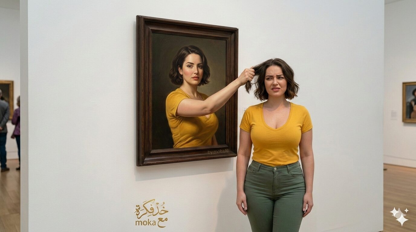 لما صورتك تخرج من اللوحة وتمسكك من شعرك! (Prompt احترافي لصورة سريالية واقعية) 7 صورة سريالية واقعية لشخص يقف بجانب لوحة زيتية لنفسه، النسخة داخل اللوحة تمد يدها وتمسك شعره القصير من الأمام بشد واقعي مع تعبير ألم طبيعي وإضاءة متحفية سينمائية.