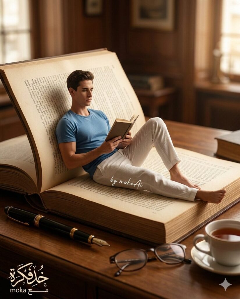 حول نفسك لشخص مسترخٍ فوق كتاب عملاق باستخدام الذكاء الاصطناعي (Prompt احترافي) 5 1000705092 1