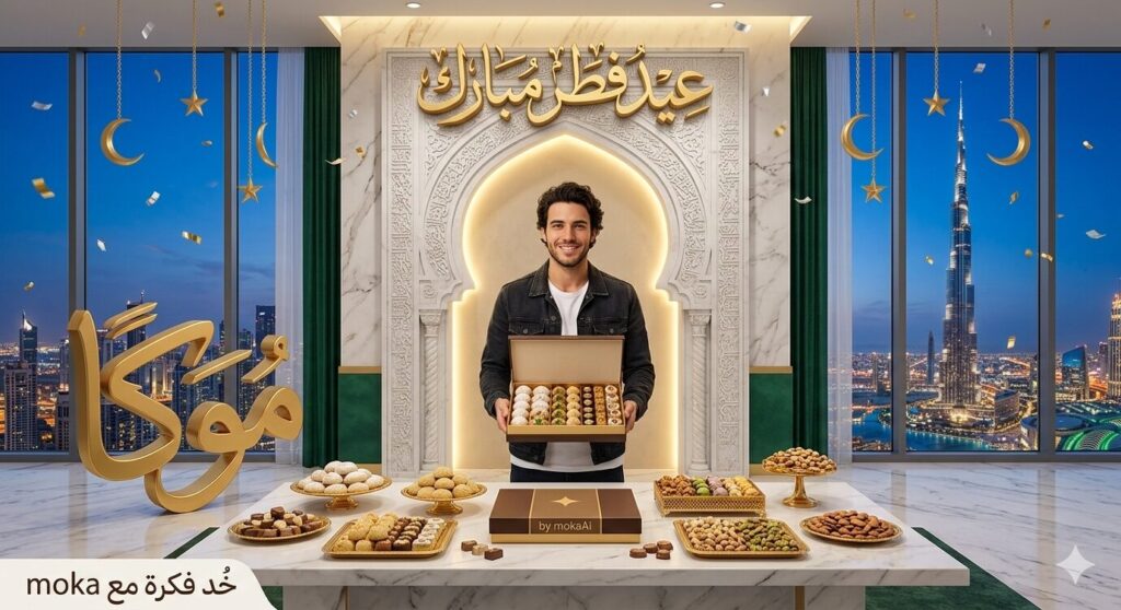 تصميم تهنئة عيد الفطر داخل بنتهاوس فاخر في دبي مع إطلالة برج خليفة وحلويات العيد