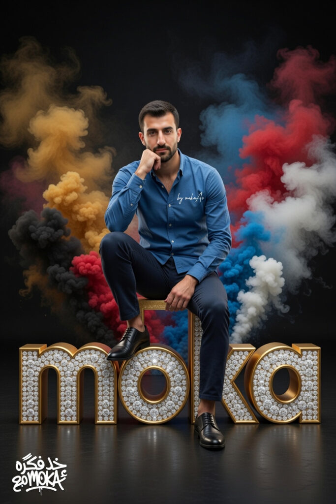 تصميم صورة احترافية باسمك على حروف ذهبية ثلاثية الأبعاد باستخدام الذكاء الاصطناعي 5 شخص يجلس فوق حروف ذهبية ثلاثية الأبعاد مرصعة بالألماس تشكل اسم moka مع خلفية دخان ملون وإضاءة سينمائية