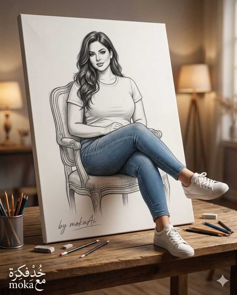 drawing canvas illusion where a sketched person sits on a chair and only the feet come out of the canvas into the real world on a wooden table