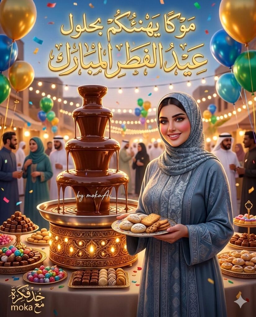 برومبت تصميم احتفال عيد الفطر مع نافورة شوكولاتة فاخرة بالذكاء الاصطناعي 5 Eid celebration with chocolate fountain and traditional Eid sweets in festive decorated square AI generated image