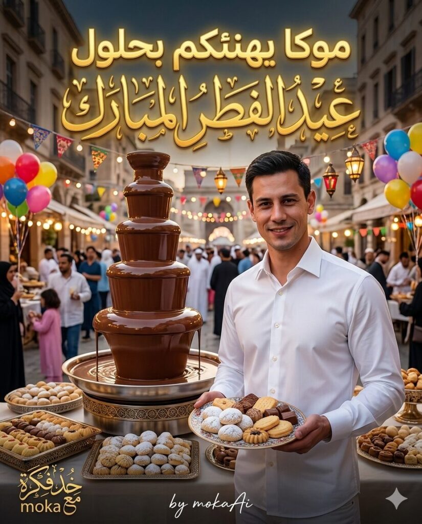 برومبت تصميم احتفال عيد الفطر مع نافورة شوكولاتة فاخرة بالذكاء الاصطناعي 3 Eid celebration with chocolate fountain and traditional Eid sweets in festive decorated square AI generated image