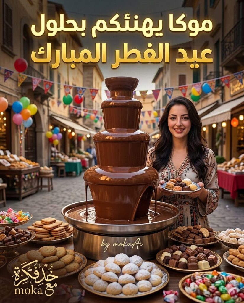 برومبت تصميم احتفال عيد الفطر مع نافورة شوكولاتة فاخرة بالذكاء الاصطناعي 4 Eid celebration with chocolate fountain and traditional Eid sweets in festive decorated square AI generated image