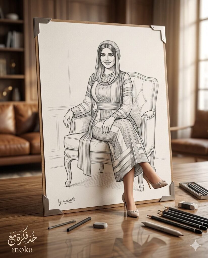 خدعة بصرية لشخص مرسوم داخل لوحة رسم يجلس على كرسي بينما تخرج قدماه فقط من اللوحة إلى العالم الحقيقي فوق طاولة خشبية