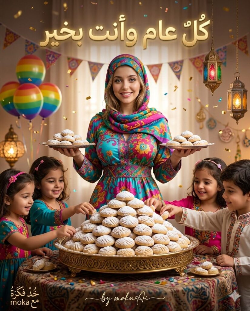 احتفال عيد الفطر مع جبل من كحك العيد على صينية كبيرة بينما الأطفال يحاولون أخذ الكحك وسط أجواء احتفالية مليئة بالبالونات والزينة