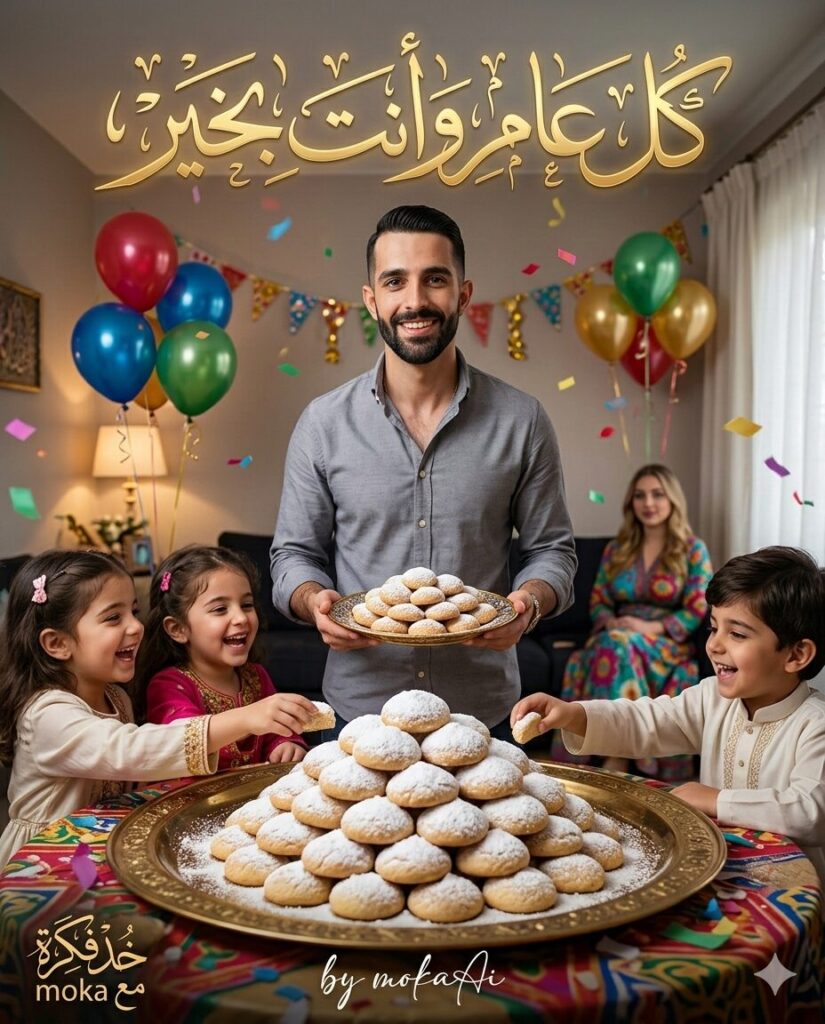 احتفال عيد الفطر مع جبل من كحك العيد على صينية كبيرة بينما الأطفال يحاولون أخذ الكحك وسط أجواء احتفالية مليئة بالبالونات والزينة