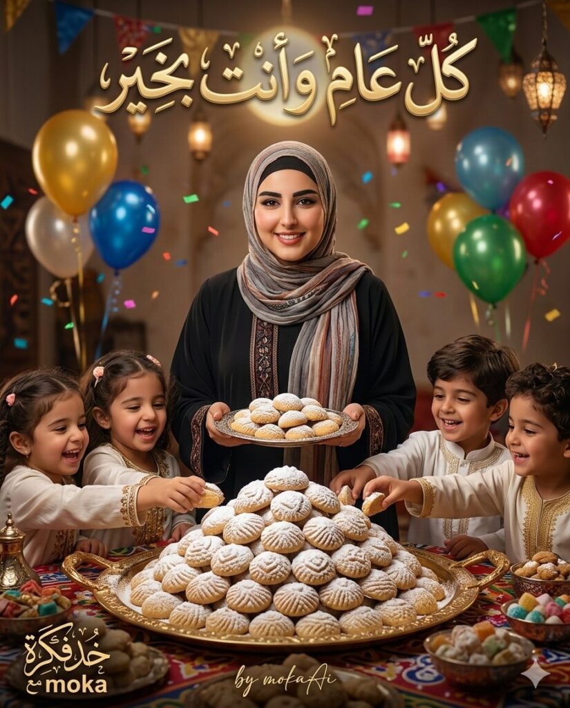 احتفال عيد الفطر مع جبل من كحك العيد على صينية كبيرة بينما الأطفال يحاولون أخذ الكحك وسط أجواء احتفالية مليئة بالبالونات والزينة