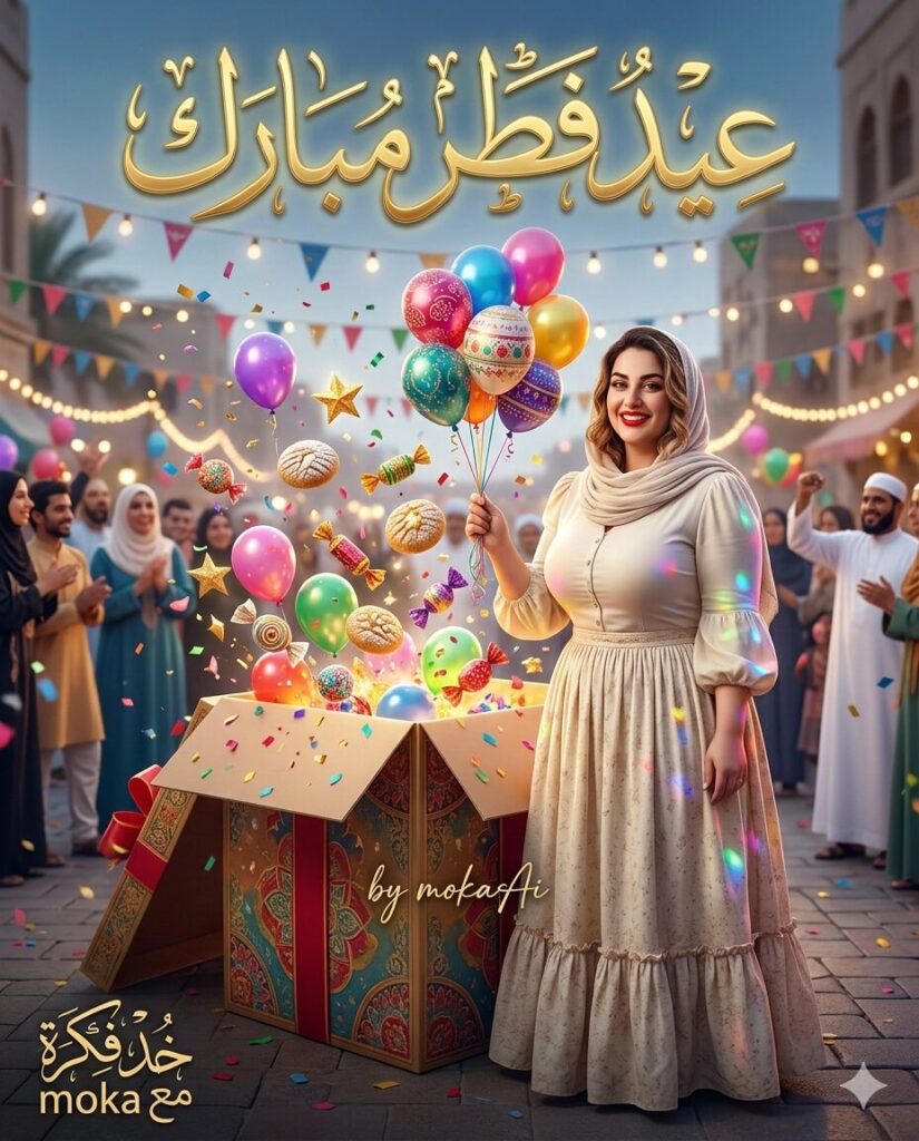 برومبت تصميم صورة عيد فطر مبارك مع صندوق هدايا سحري بالذكاء الاصطناعي 5 مشهد احتفال عيد الفطر يظهر صندوق هدايا ضخم يخرج منه البالونات والكحك والحلوى وسط أجواء احتفالية مليئة بالزينة والنجوم اللامعة.