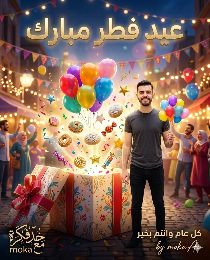 برومبت تصميم صورة عيد فطر مبارك مع صندوق هدايا سحري بالذكاء الاصطناعي 4 مشهد احتفال عيد الفطر يظهر صندوق هدايا ضخم يخرج منه البالونات والكحك والحلوى وسط أجواء احتفالية مليئة بالزينة والنجوم اللامعة.