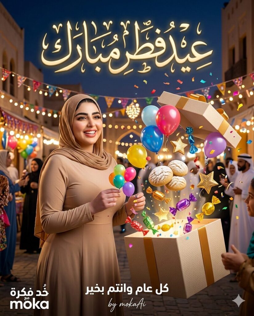 برومبت تصميم صورة عيد فطر مبارك مع صندوق هدايا سحري بالذكاء الاصطناعي 3 مشهد احتفال عيد الفطر يظهر صندوق هدايا ضخم يخرج منه البالونات والكحك والحلوى وسط أجواء احتفالية مليئة بالزينة والنجوم اللامعة.