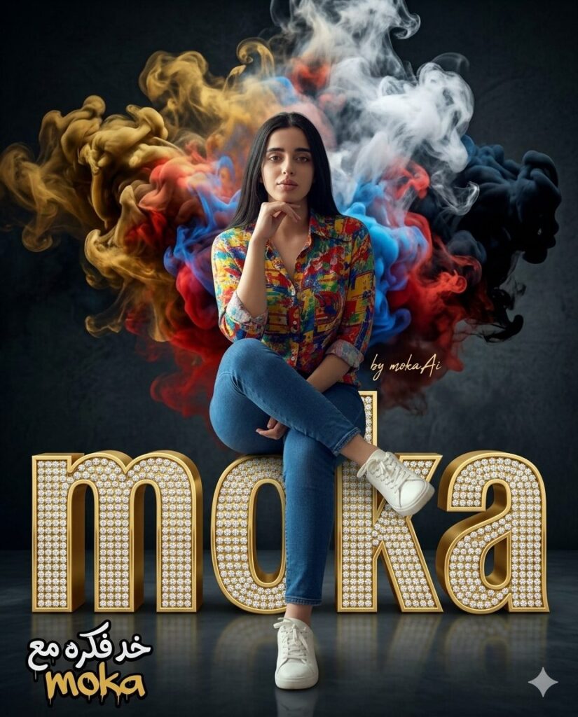 تصميم صورة احترافية باسمك على حروف ذهبية ثلاثية الأبعاد باستخدام الذكاء الاصطناعي 4 شخص يجلس فوق حروف ذهبية ثلاثية الأبعاد مرصعة بالألماس تشكل اسم moka مع خلفية دخان ملون وإضاءة سينمائية