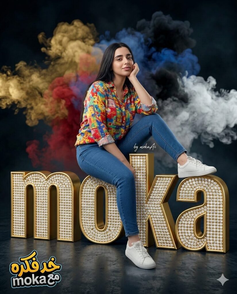 تصميم صورة احترافية باسمك على حروف ذهبية ثلاثية الأبعاد باستخدام الذكاء الاصطناعي 3 شخص يجلس فوق حروف ذهبية ثلاثية الأبعاد مرصعة بالألماس تشكل اسم moka مع خلفية دخان ملون وإضاءة سينمائية