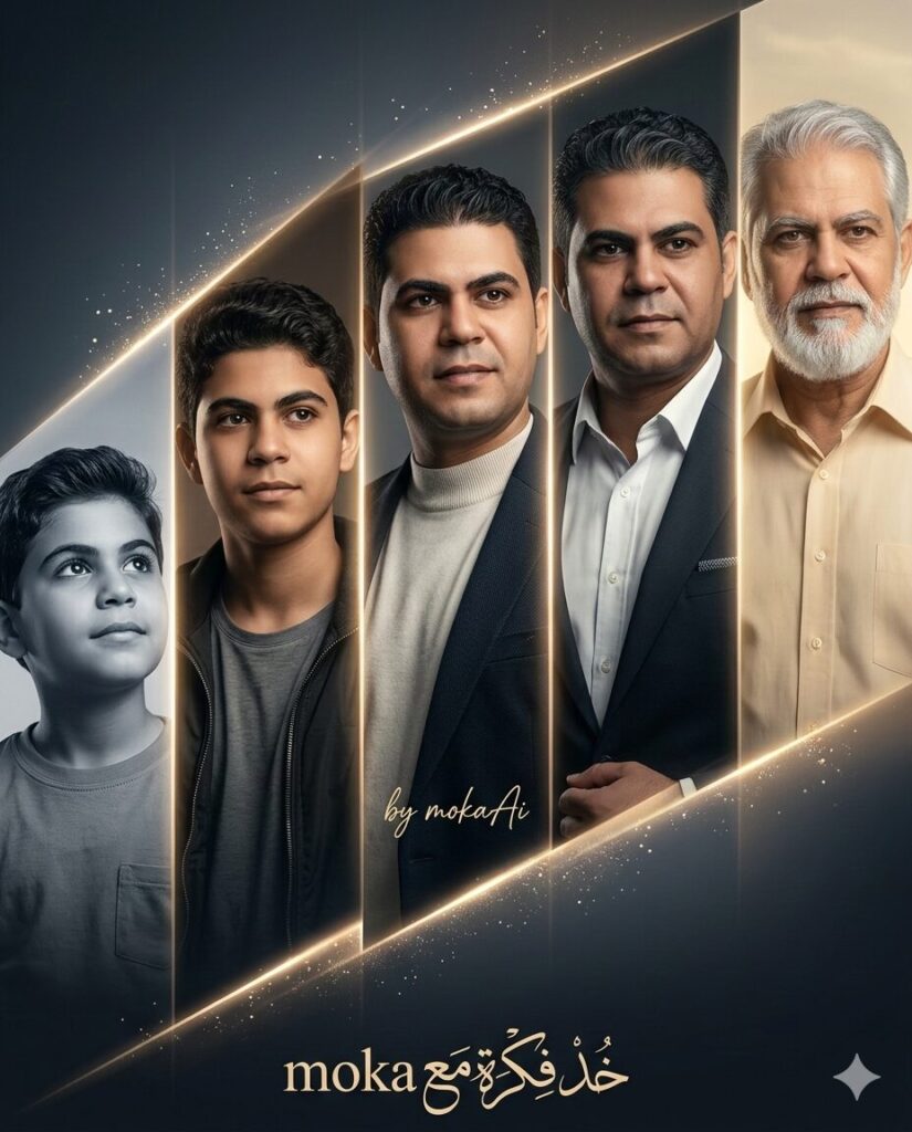 برومبت تحويل صورتك إلى خط زمني للحياة من الطفولة إلى الشيخوخة بالذكاء الاصطناعي 3 صورة مقسمة إلى خمس شرائح قطرية تعرض نفس الشخص في مراحل مختلفة من العمر بداية من الطفولة ثم المراهقة ثم الشباب ثم النضج وصولًا إلى الشيخوخة.