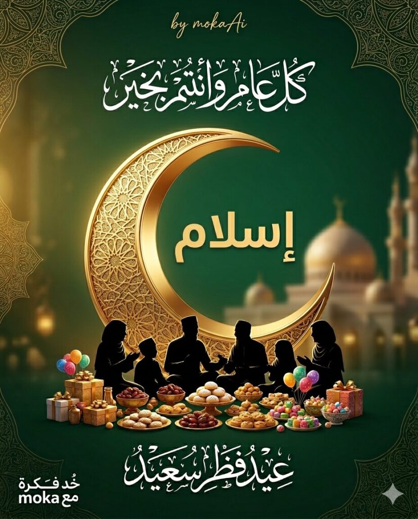 برومبت تصميم تهنئة عيد الفطر بالاسم داخل هلال ذهبي بالذكاء الاصطناعي 3 تعرف على برومبت احترافي لإنشاء تصميم تهنئة عيد الفطر بالاسم داخل هلال ذهبي مزخرف مع أجواء احتفالية وعناصر إسلامية باستخدام الذكاء الاصطناعي.