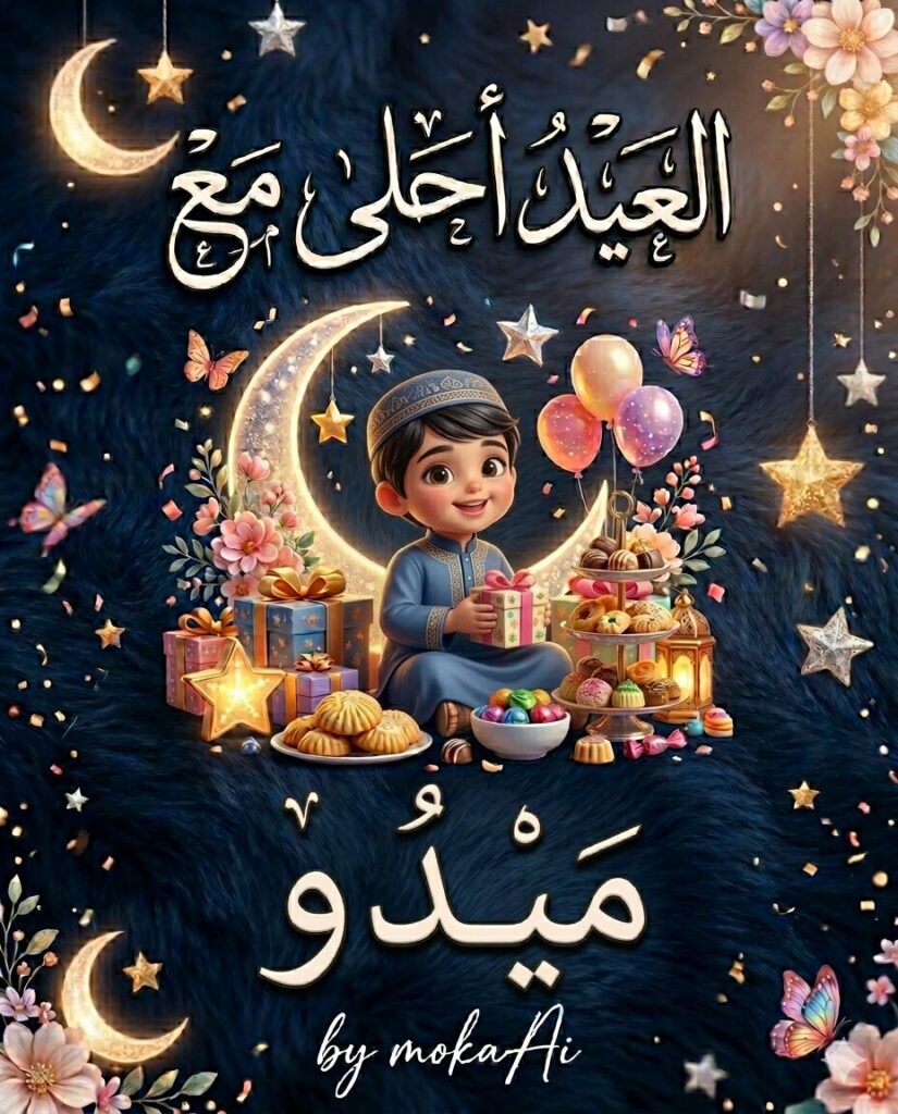 تصميم احترافي لعبارة العيد أحلى مع اسمك باستخدام الذكاء الاصطناعي