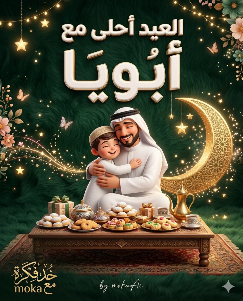 طريقة إنشاء تصميم العيد أحلى مع أمي بالذكاء الاصطناعي 3 تصميم تهنئة عيد الفطر مكتوب عليه العيد أحلى مع أمي باستخدام الذكاء الاصطناعي