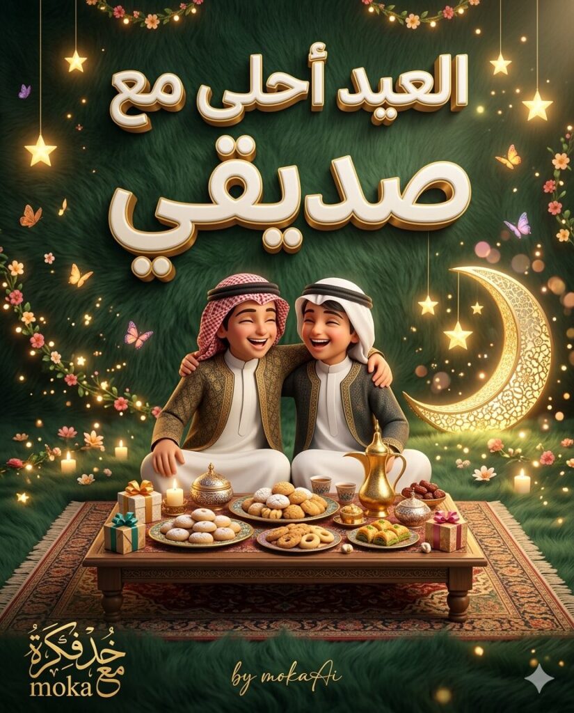 طريقة إنشاء تصميم العيد أحلى مع أمي بالذكاء الاصطناعي 5 تصميم تهنئة عيد الفطر مكتوب عليه العيد أحلى مع أمي باستخدام الذكاء الاصطناعي