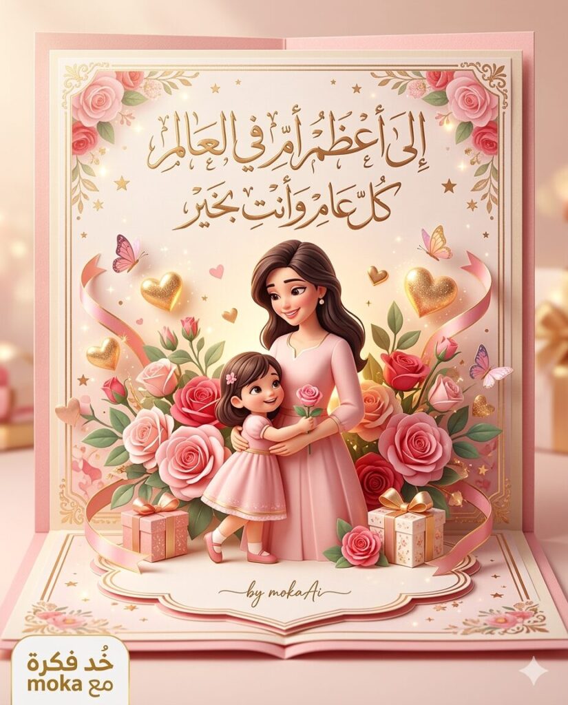 تصميم بطاقة تهنئة ثلاثية الأبعاد لعيد الأم بأسلوب Pop-Up تظهر فيه أم تحتضن طفلها داخل بطاقة مفتوحة، محاطة بالورود والقلوب والهدايا مع إضاءة دافئة وخلفية وردية ناعمة.