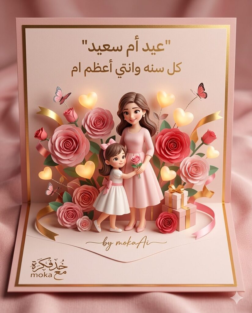 تصميم بطاقة تهنئة ثلاثية الأبعاد لعيد الأم بأسلوب Pop-Up تظهر فيه أم تحتضن طفلها داخل بطاقة مفتوحة، محاطة بالورود والقلوب والهدايا مع إضاءة دافئة وخلفية وردية ناعمة.