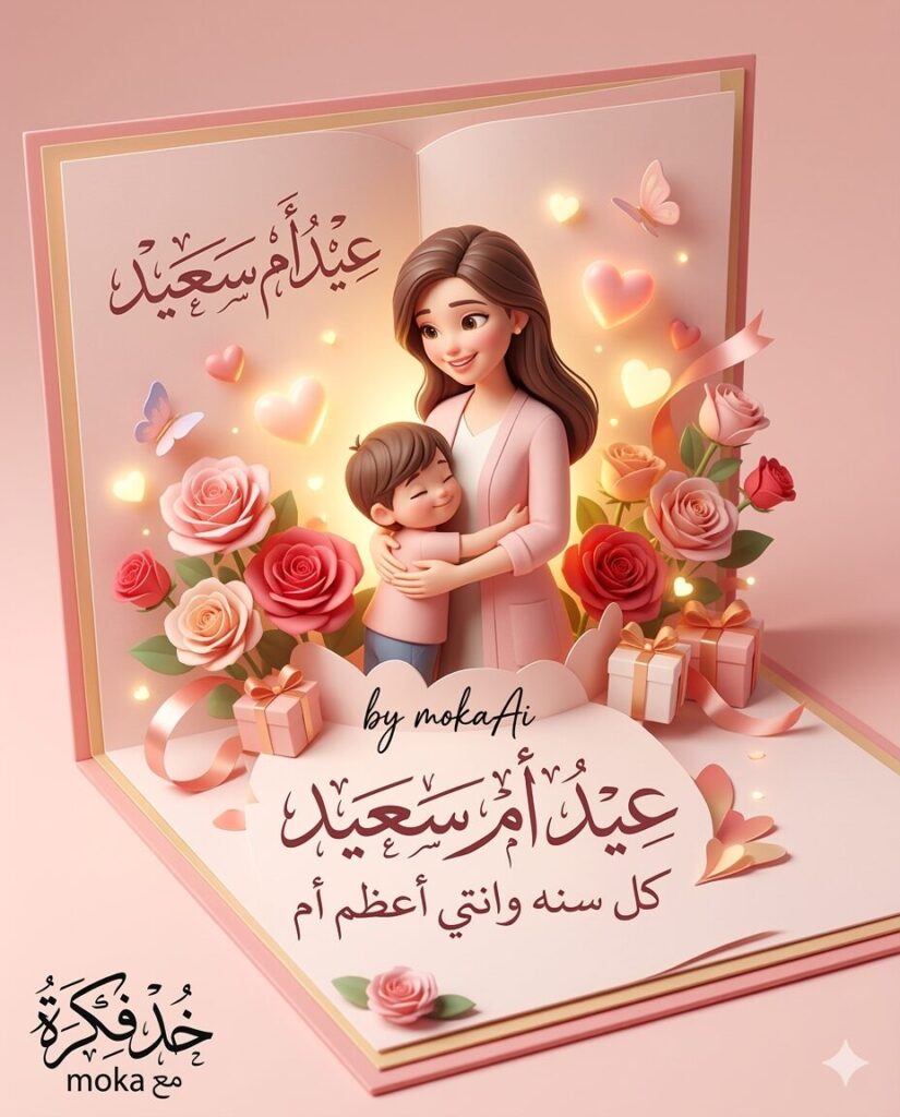 تصميم بطاقة تهنئة ثلاثية الأبعاد لعيد الأم بأسلوب Pop-Up تظهر فيه أم تحتضن طفلها داخل بطاقة مفتوحة، محاطة بالورود والقلوب والهدايا مع إضاءة دافئة وخلفية وردية ناعمة.