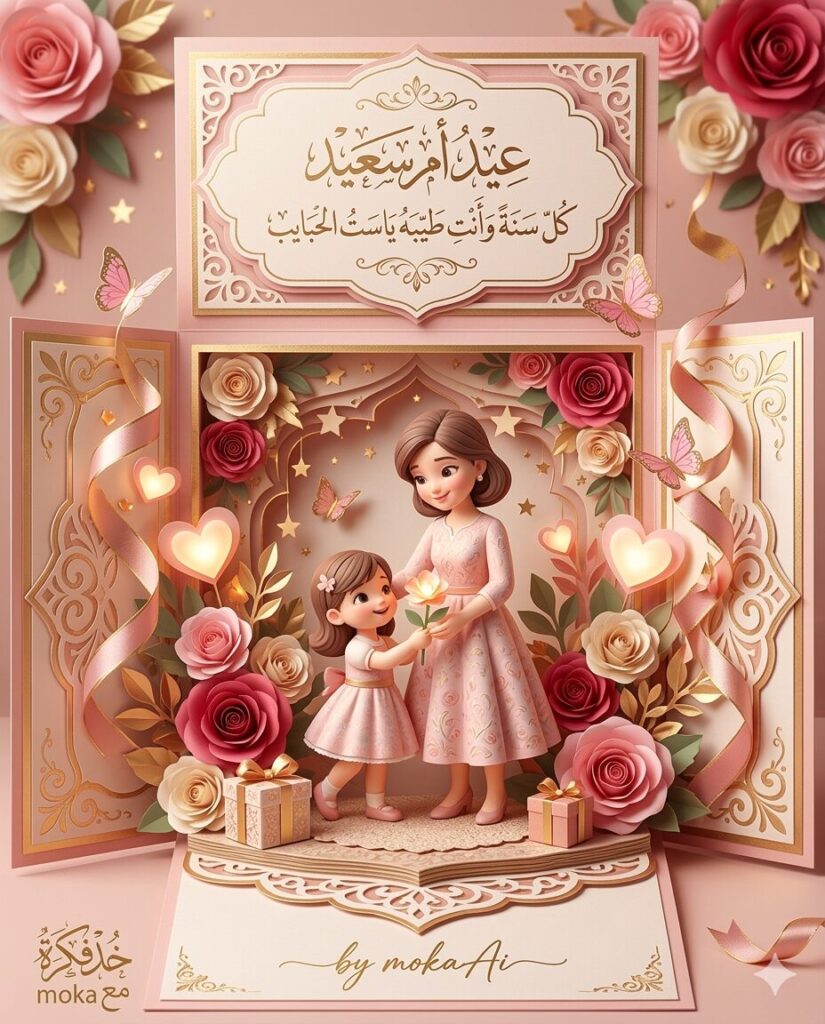 تصميم بطاقة تهنئة ثلاثية الأبعاد لعيد الأم بأسلوب Pop-Up تظهر فيه أم تحتضن طفلها داخل بطاقة مفتوحة، محاطة بالورود والقلوب والهدايا مع إضاءة دافئة وخلفية وردية ناعمة.