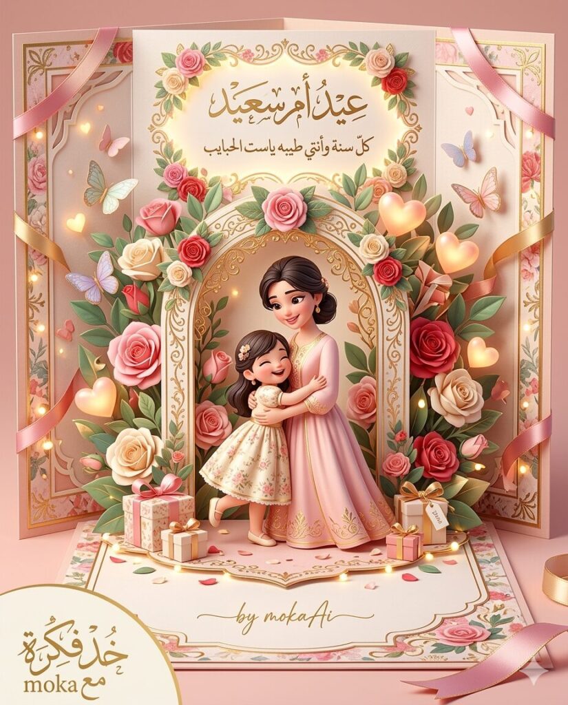 تصميم بطاقة تهنئة ثلاثية الأبعاد لعيد الأم بأسلوب Pop-Up تظهر فيه أم تحتضن طفلها داخل بطاقة مفتوحة، محاطة بالورود والقلوب والهدايا مع إضاءة دافئة وخلفية وردية ناعمة.