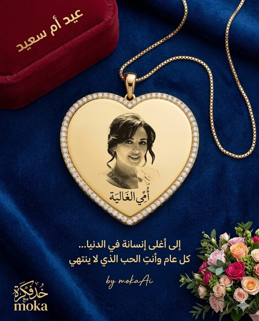 تصميم صورة تهنئة لعيد الأم يظهر هدية فاخرة للأم في مشهد احتفالي أنيق مع عناصر تعبر عن الحب والتقدير للأم وإضاءة احترافية.