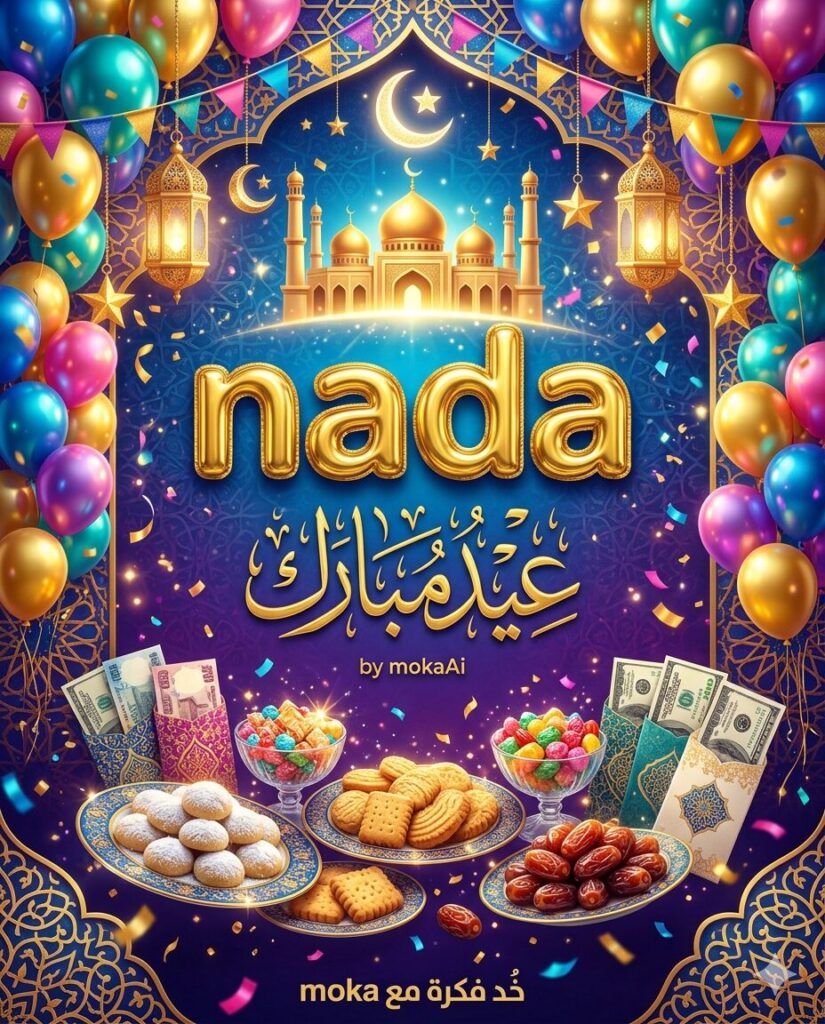 إنشاء صور تهنئة عيد الفطر بالاسم بجودة عالية | AI Image Generator 3 تصميم بوستر عيد الفطر احترافي يحتوي على اسم مخصص في المنتصف بتأثير ذهبي لامع مع عناصر احتفالية مثل الفوانيس والهلال والحلويات والبالونات.