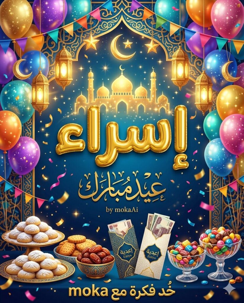 إنشاء صور تهنئة عيد الفطر بالاسم بجودة عالية | AI Image Generator 5 تصميم بوستر عيد الفطر احترافي يحتوي على اسم مخصص في المنتصف بتأثير ذهبي لامع مع عناصر احتفالية مثل الفوانيس والهلال والحلويات والبالونات.