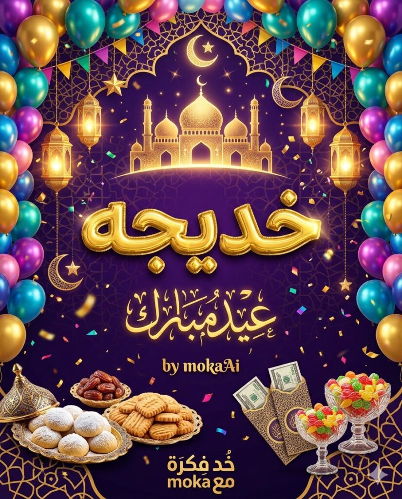 إنشاء صور تهنئة عيد الفطر بالاسم بجودة عالية | AI Image Generator 4 تصميم بوستر عيد الفطر احترافي يحتوي على اسم مخصص في المنتصف بتأثير ذهبي لامع مع عناصر احتفالية مثل الفوانيس والهلال والحلويات والبالونات.