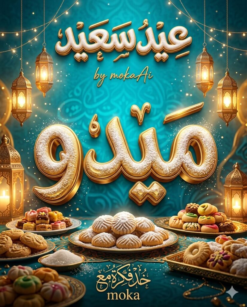 تصميم بوستر عيد سعيد فاخر بتأثير ثلاثي الأبعاد يحتوي على اسم مخصص في المنتصف مع خلفية مزخرفة وفوانيس وحلويات العيد بتفاصيل دقيقة جدًا.