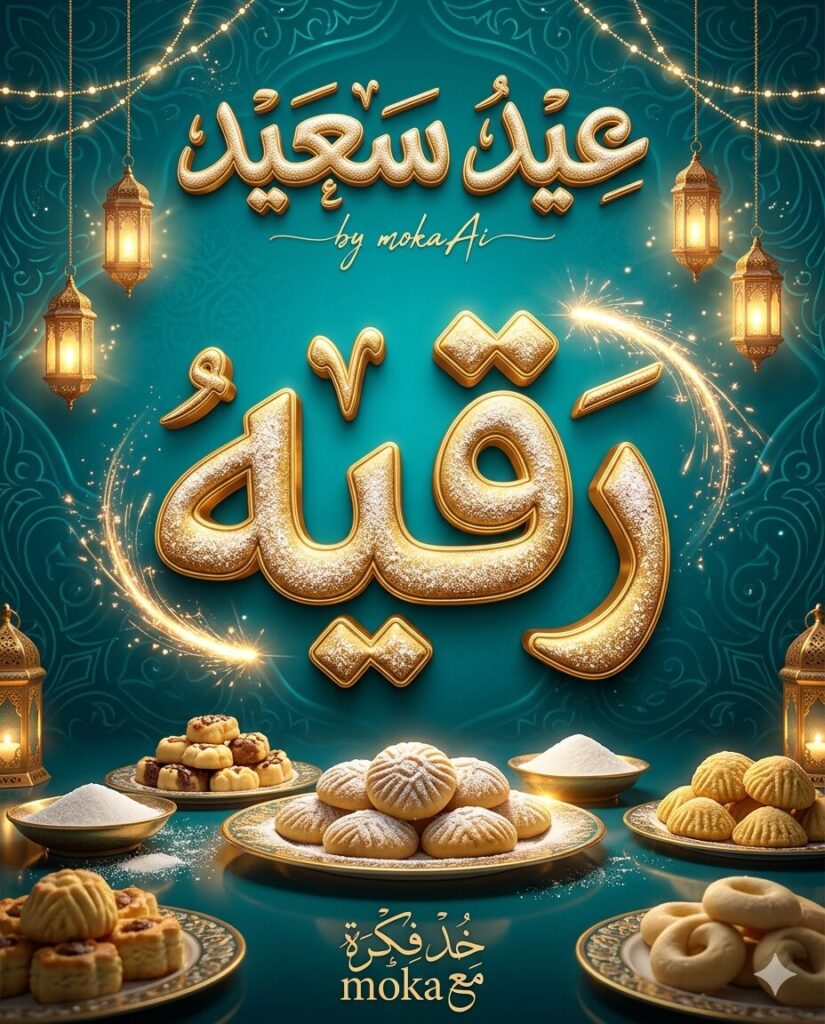 تصميم بوستر عيد سعيد فاخر بتأثير ثلاثي الأبعاد يحتوي على اسم مخصص في المنتصف مع خلفية مزخرفة وفوانيس وحلويات العيد بتفاصيل دقيقة جدًا.