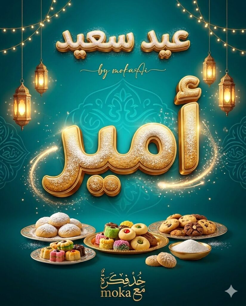 تصميم بوستر عيد سعيد فاخر بتأثير ثلاثي الأبعاد يحتوي على اسم مخصص في المنتصف مع خلفية مزخرفة وفوانيس وحلويات العيد بتفاصيل دقيقة جدًا.