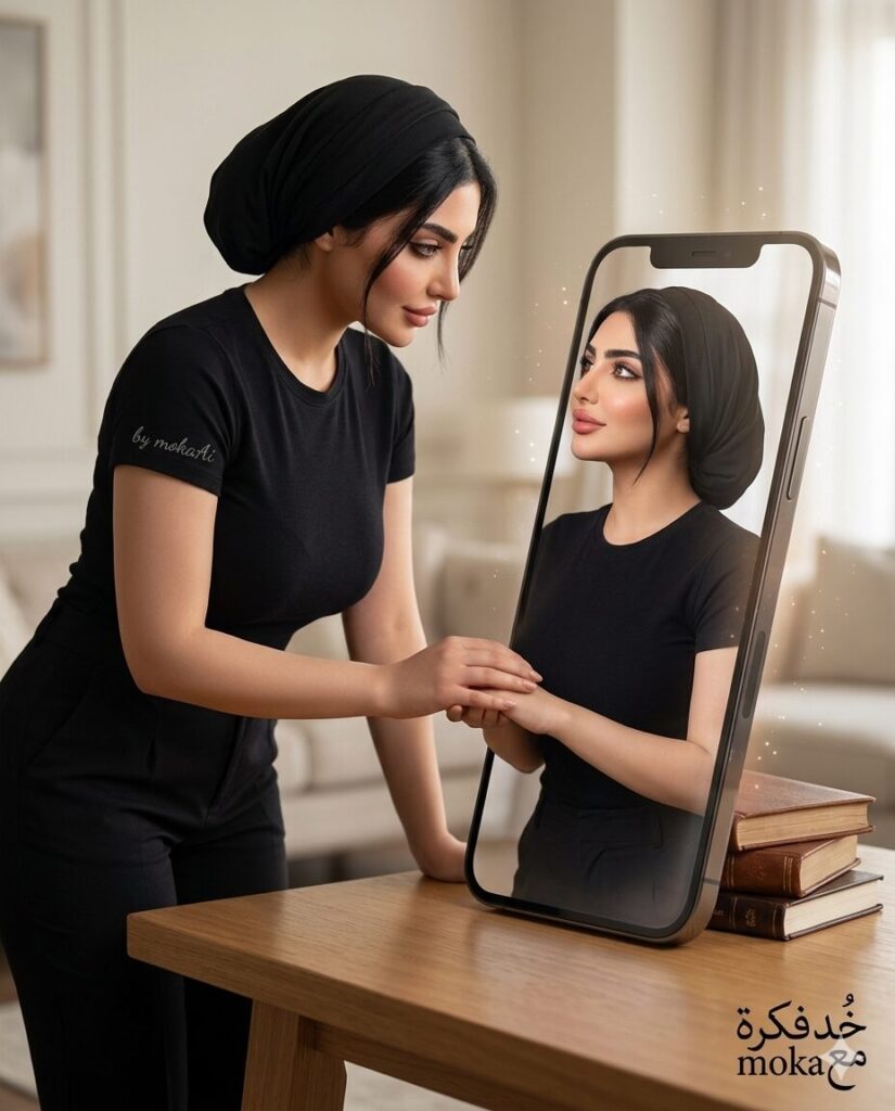 تحويل صورتك لتفاعل واقعي داخل الهاتف بالذكاء الاصطناعي | AI Photo Generator 4 صورة سينمائية واقعية لشخص واقف جنب موبايل، ونسخة منه خارجة من الشاشة وبيمسكوا إيد بعض بشكل إنساني مؤثر.