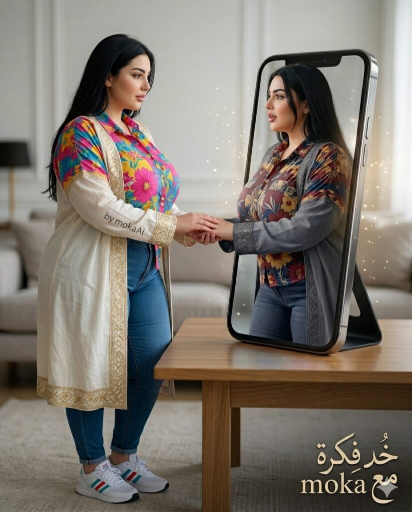 تحويل صورتك لتفاعل واقعي داخل الهاتف بالذكاء الاصطناعي | AI Photo Generator 5 صورة سينمائية واقعية لشخص واقف جنب موبايل، ونسخة منه خارجة من الشاشة وبيمسكوا إيد بعض بشكل إنساني مؤثر.