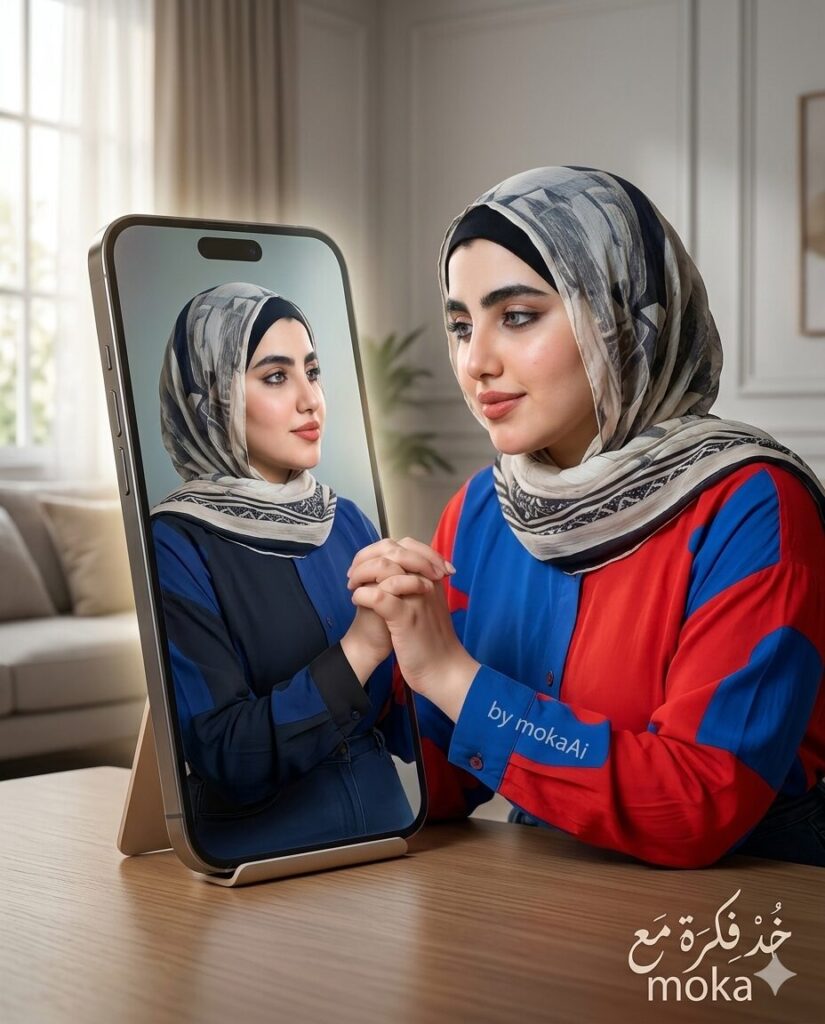 تحويل صورتك لتفاعل واقعي داخل الهاتف بالذكاء الاصطناعي | AI Photo Generator 3 صورة سينمائية واقعية لشخص واقف جنب موبايل، ونسخة منه خارجة من الشاشة وبيمسكوا إيد بعض بشكل إنساني مؤثر.