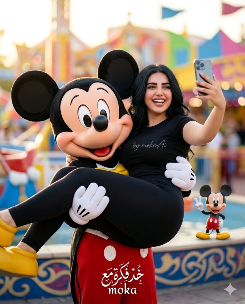 Create AI Photo with Mickey Mouse – تصميم صورة احترافية مع ميكي ماوس بالذكاء الاصطناعي 5 صورة شخص مع ميكي ماوس في مدينة ملاهي باستخدام الذكاء الاصطناعي بشكل واقعي