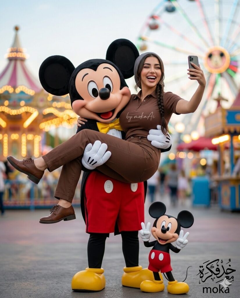 Create AI Photo with Mickey Mouse – تصميم صورة احترافية مع ميكي ماوس بالذكاء الاصطناعي 4 صورة شخص مع ميكي ماوس في مدينة ملاهي باستخدام الذكاء الاصطناعي بشكل واقعي