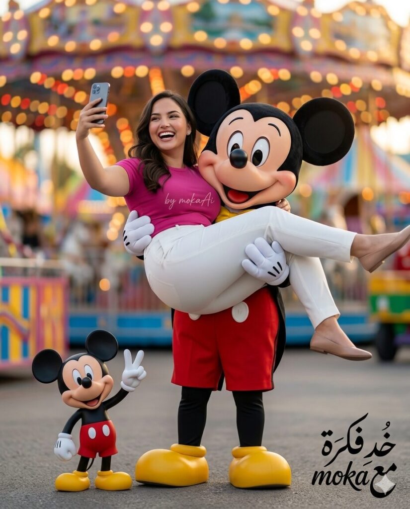 Create AI Photo with Mickey Mouse – تصميم صورة احترافية مع ميكي ماوس بالذكاء الاصطناعي 3 صورة شخص مع ميكي ماوس في مدينة ملاهي باستخدام الذكاء الاصطناعي بشكل واقعي
