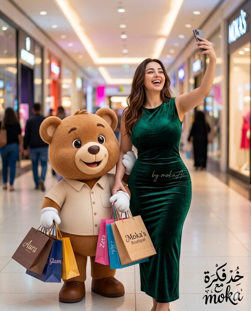 صورة واقعية لشخص يلتقط سيلفي داخل مول مع دبدوب Mascot يحمل أكياس تسوق باستخدام الذكاء الاصطناعي