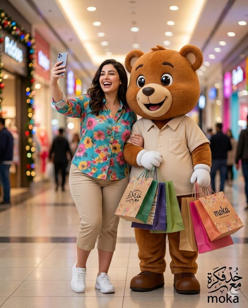 صورة واقعية لشخص يلتقط سيلفي داخل مول مع دبدوب Mascot يحمل أكياس تسوق باستخدام الذكاء الاصطناعي