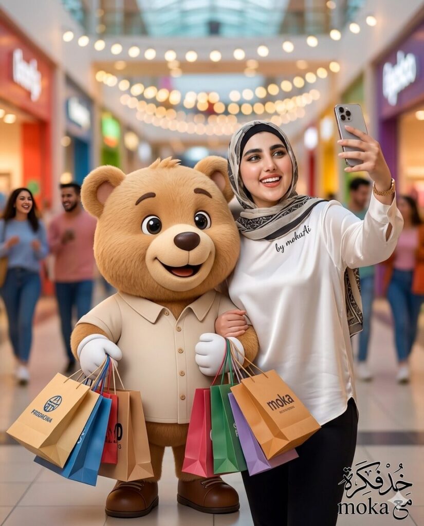 صورة واقعية لشخص يلتقط سيلفي داخل مول مع دبدوب Mascot يحمل أكياس تسوق باستخدام الذكاء الاصطناعي