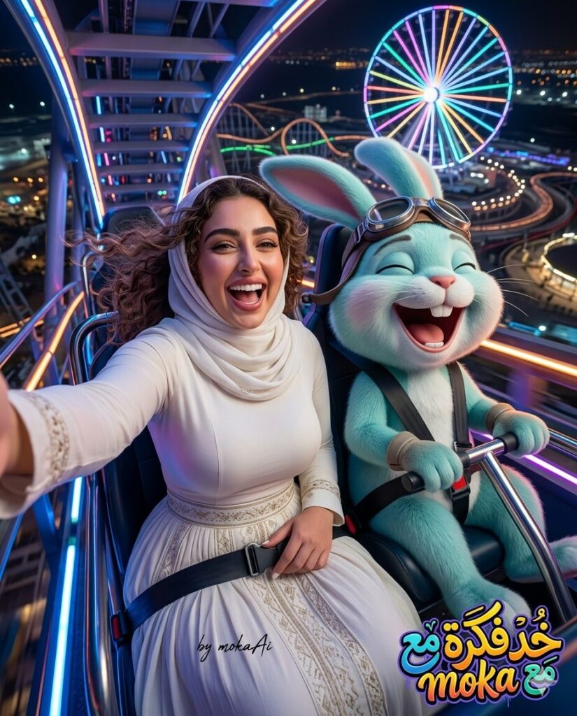 Create Viral AI Selfie Ride Photo – برومبت صورة سيلفي احترافية في الملاهي بالذكاء الاصطناعي 5 صورة سيلفي واقعية في الملاهي باستخدام الذكاء الاصطناعي مع أرنب كرتوني